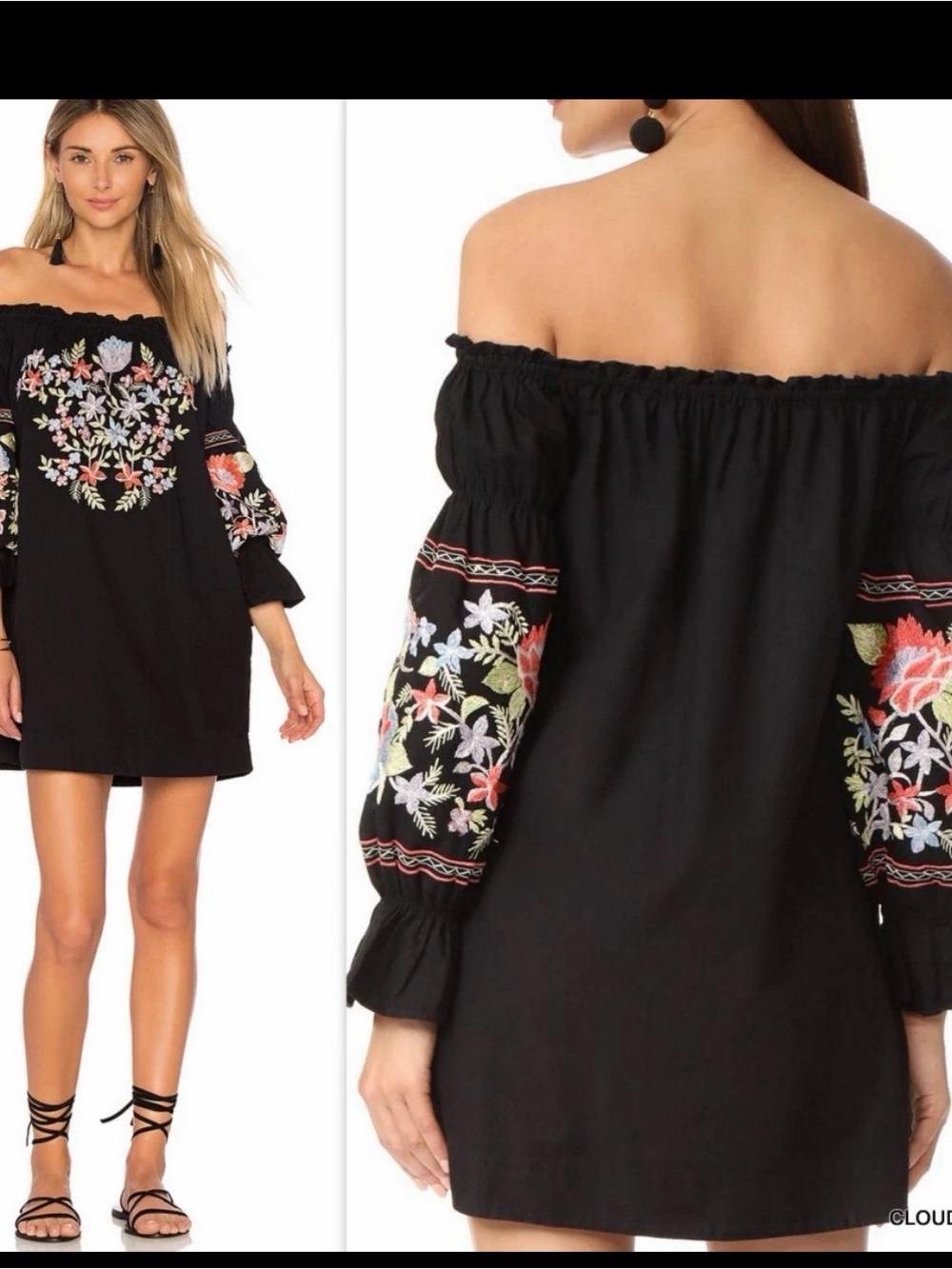FREE PEOPLE sz S Fleur De Jour Cotton Embroidered‎ Off-Shoulder Dress BLACK GUC